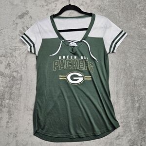 Green Bay Packers Sz M Women’s Green White Lace Up T Shirt NFL Football Game Day